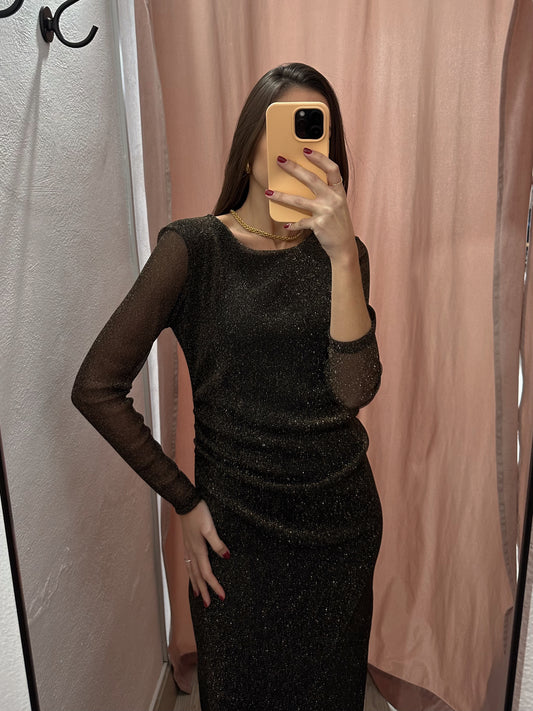 Vestido tul negro brillo dorado